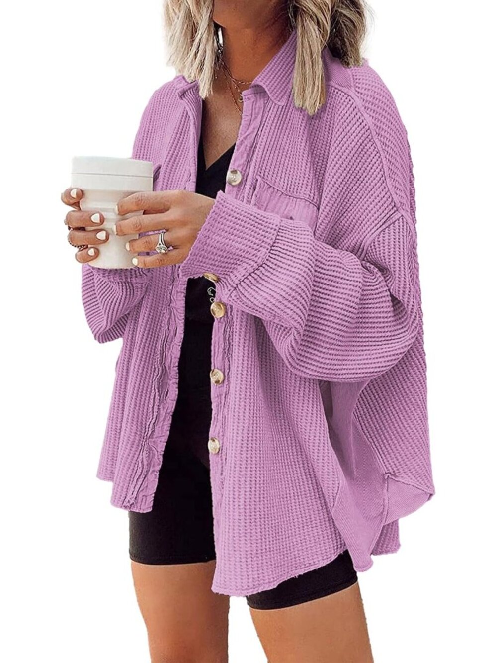 Womens Waffle Knit Shacket Oversized Button Down Shirt Jacket Lightweight Spring